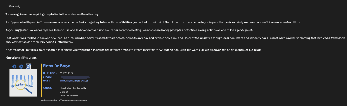 Email from a participant describing a colleague who had never used AI before using Copilot to translate a legal document and draft a reply
