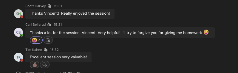Teams messages from three participants calling the session very valuable
